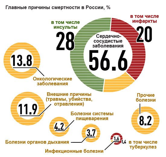 Онкология** — в России она не лидирует в статистике смертности (см. рис. слева), но на протяжении всего ХХ века именно она была наиболее пугающей группой заболеваний и сохраняет лидерство в таковом качестве и в настоящее время[^77]. Онкология прогрессирующе наращивает свой вес в общей статистике заболеваний, но пока на первом месте в статистике смертности — сердечно-сосудис­тые заболевания, вклю…
