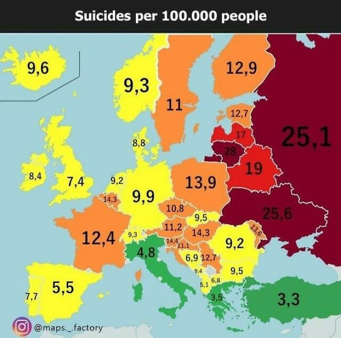 Карта распространённости самоубийств на 100 тыс. жителей в Европе — 2018 г. Россия — лидер…Карта распространённости самоубийств на 100 тыс. жителей в Европе — 2018 г. Россия — лидер…Соответственно граждан России не представляется возможным переубедить в том, что государственная власть им не враг, потому, что политический официоз России не способен: