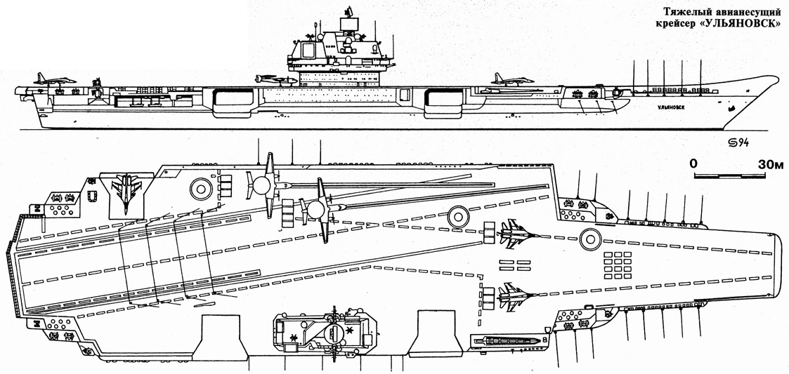 Рис. 5-6. Корабль проекта 1143.7. На стартовых позициях катапульт стоят палубные АВАКСы Як-44. Истребители-бомбардировщики стоят на стартовых позициях для трамплинного взлёта.Рис. 5-6. Корабль проекта 1143.7. На стартовых позициях катапульт стоят палубные АВАКСы Як-44. Истребители-бомбардировщики стоят на стартовых позициях для трамплинного взлёта.Ещё одна стартовая позиция для трамплинного взлёта…